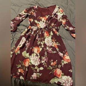 Pink blush maroon floral mid dress, size XL.